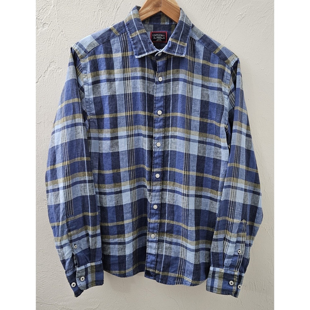 UNTUCKit Button‎ Up 100% Linen Shirt Blue Plaid Men's Size Medium Long Sleeve